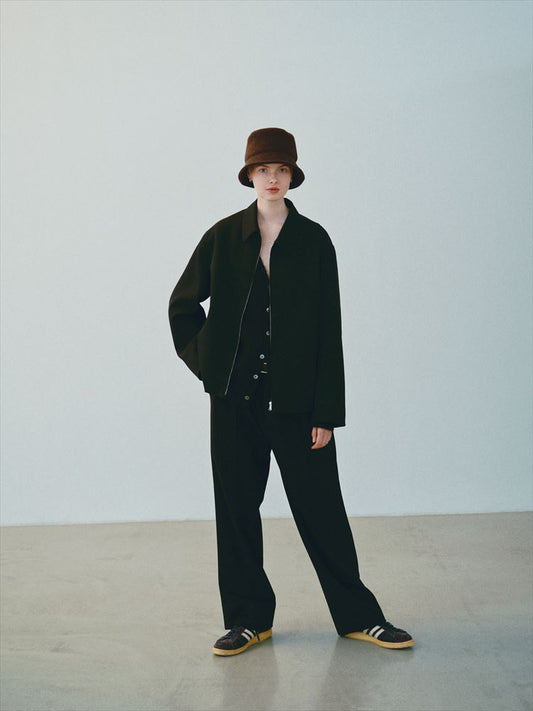 PURE BLACK WOOL 2-TUCK STRAIGHT SLACKS