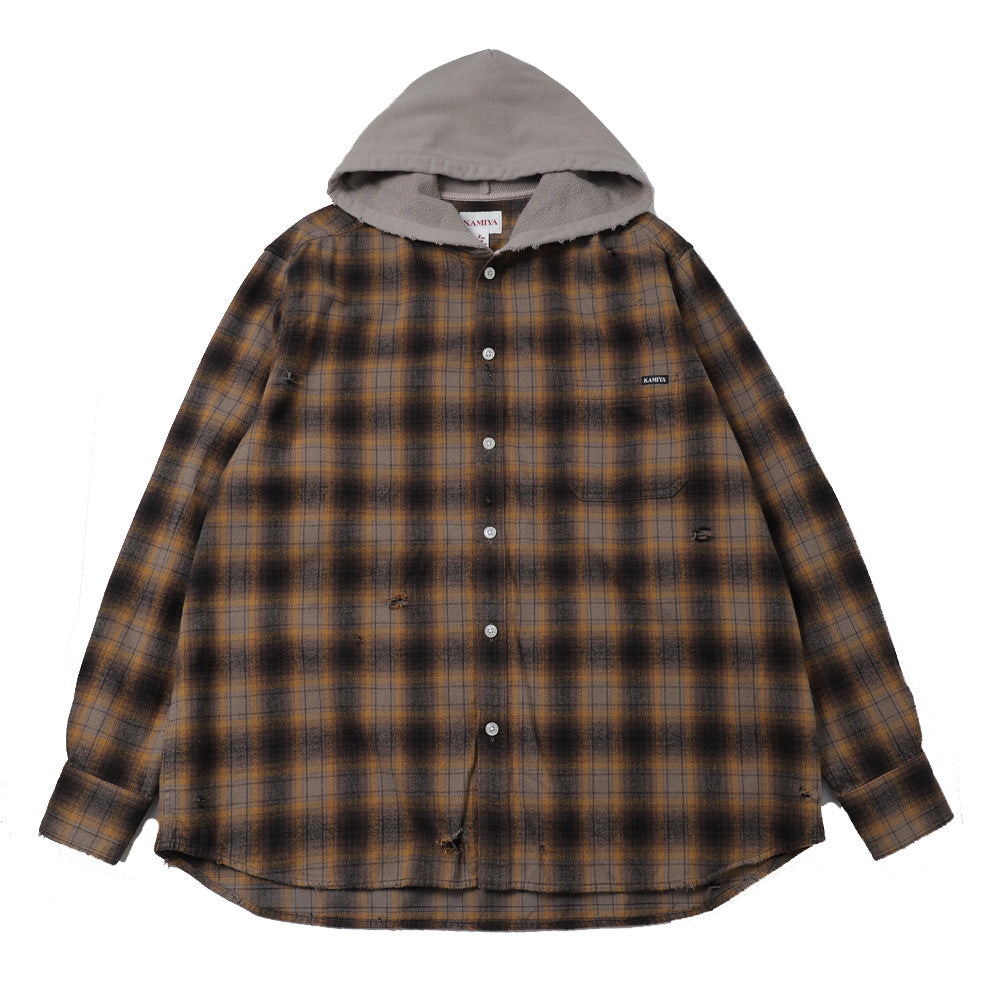 【KAMIYA】カミヤ フード付きシャツ Mサイズ KAMIYA(カミヤ) - Distressed Check Shirts Hoodie (GRAY) – Area