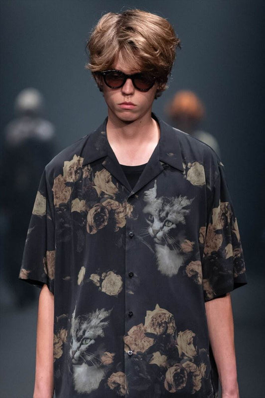 DECHINE OPEN COLLAR S/S SHIRT INKJET (PAINT ROSE & CAT)