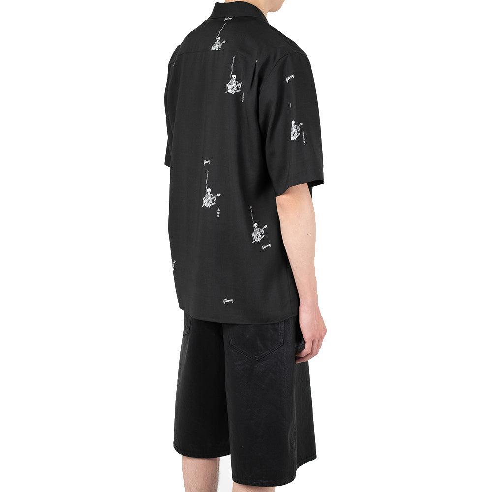 TENCEL TYPEWRITER OPEN COLLAR SHIRT SKULL GUITARIST柄 (永楽屋/Gibson/LAD MUSICIAN)