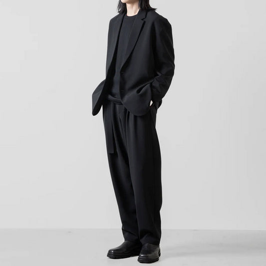 PE STRETCH DOUBLE CLOTH BELTED TAPERED TROUSERS