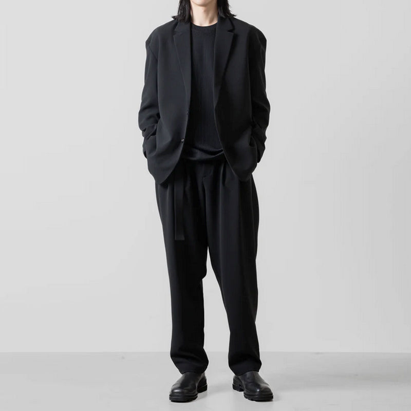 PE STRETCH DOUBLE CLOTH BELTED TAPERED TROUSERS