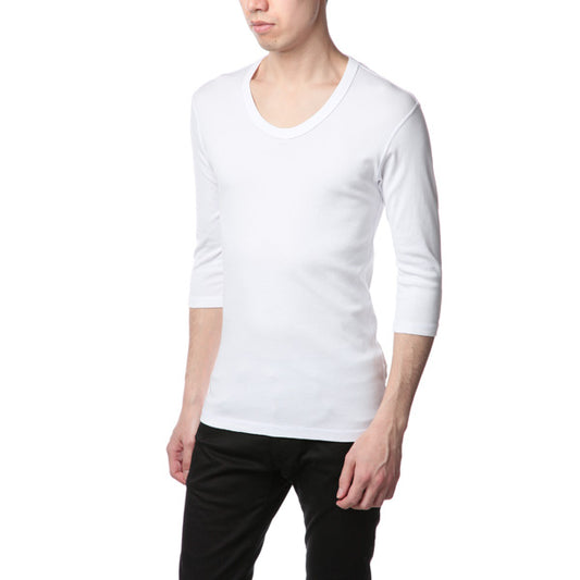 シルキーフライス Uネック 7分袖 (WHITE/BLACK)