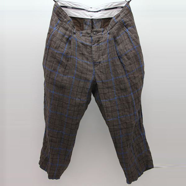 リネングレンチェック 1タックワイドクロップドパンツ