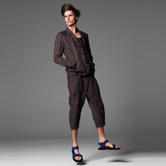 リネングレンチェック 1タックワイドクロップドパンツ