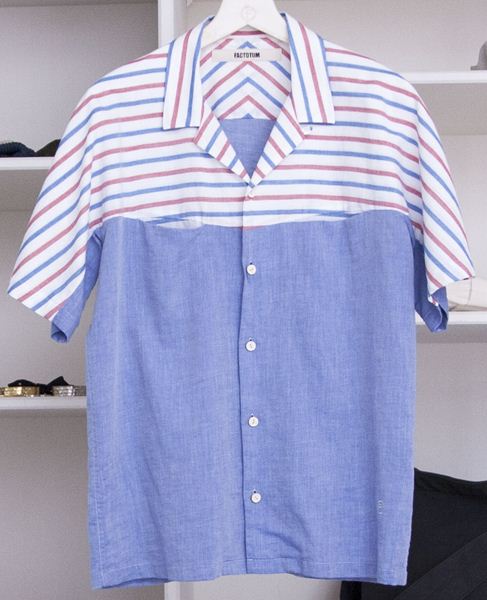 ボーダー ヨークスリーブオープンカラーシャツ