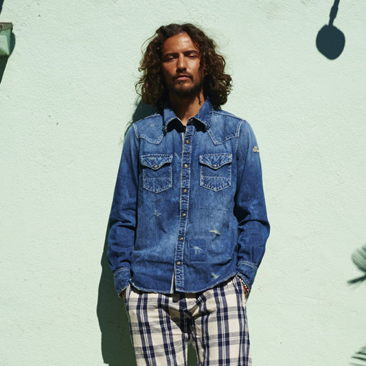 L/SL 1本針 CRUSH BLEACH DENIM SHIRT (HQ)