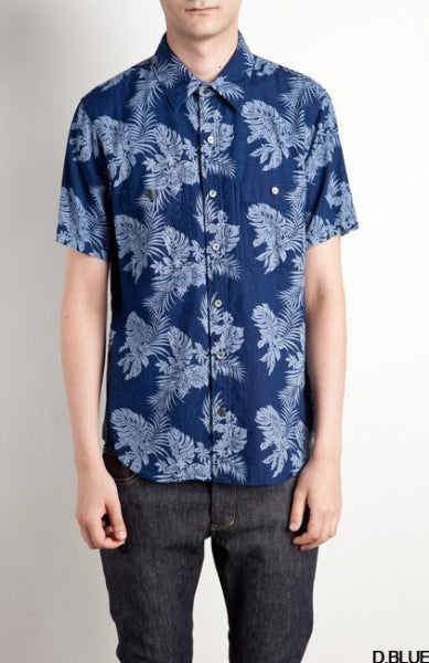 インディゴ抜染リーフPt パッチポケットシャツ