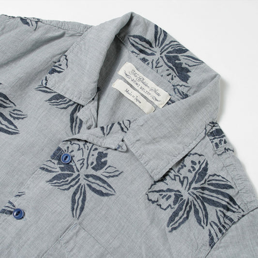 リーフ柄インディゴアロハ半袖オープンシャツ