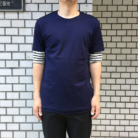 80/2度詰天竺ボーダー クルーネックレイヤードTシャツ