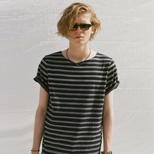 インディゴボーダー ボートネックBIGポケットTEE