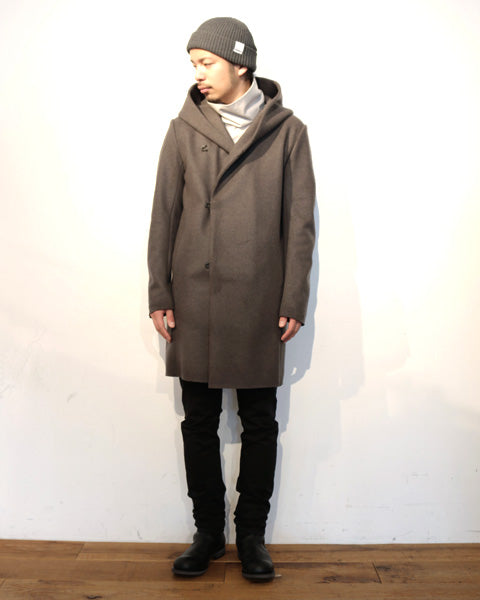 カシミヤ混ストレッチメルトン フーデッドコート