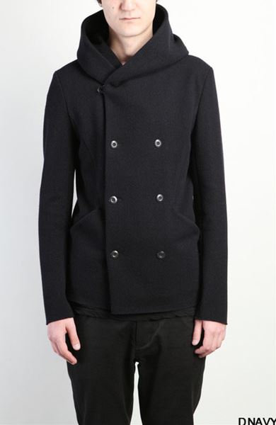 カシミヤ混ストレッチメルトン フーデッドショートダブルコート