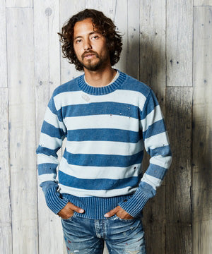 INDIGO BULLET HOLE BORDER KNIT PULLOVER