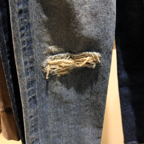 14ozセルヴィッチデニム スリムストレート クラッシュ加工