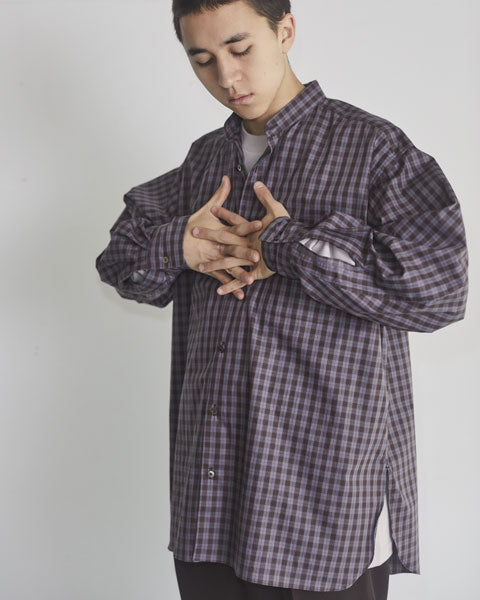 COMFORT FIT BAND COLLAR SHIRT CHECK POPLIN