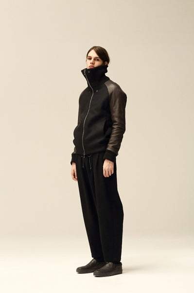 カシミヤ混平二重メルトンxエンジュームレザー リブブルゾン