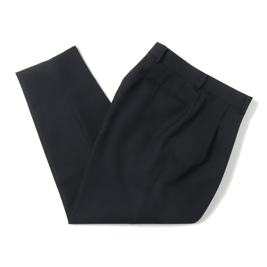 PURE BLACK WOOL GABERDINE 2-TUCK WIDE TAPERED SLACKS