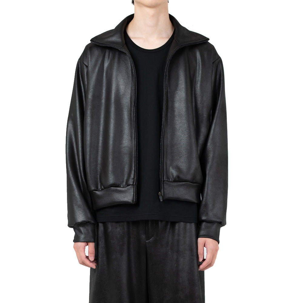 STRETCH FAUX LEATHER JERSEY TRACK JACKET