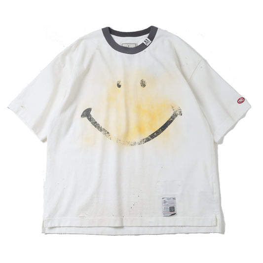  SMILY FACE PRINTED DISTRESSED TEE  