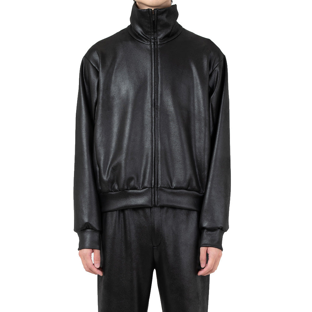 STRETCH FAUX LEATHER JERSEY TRACK JACKET