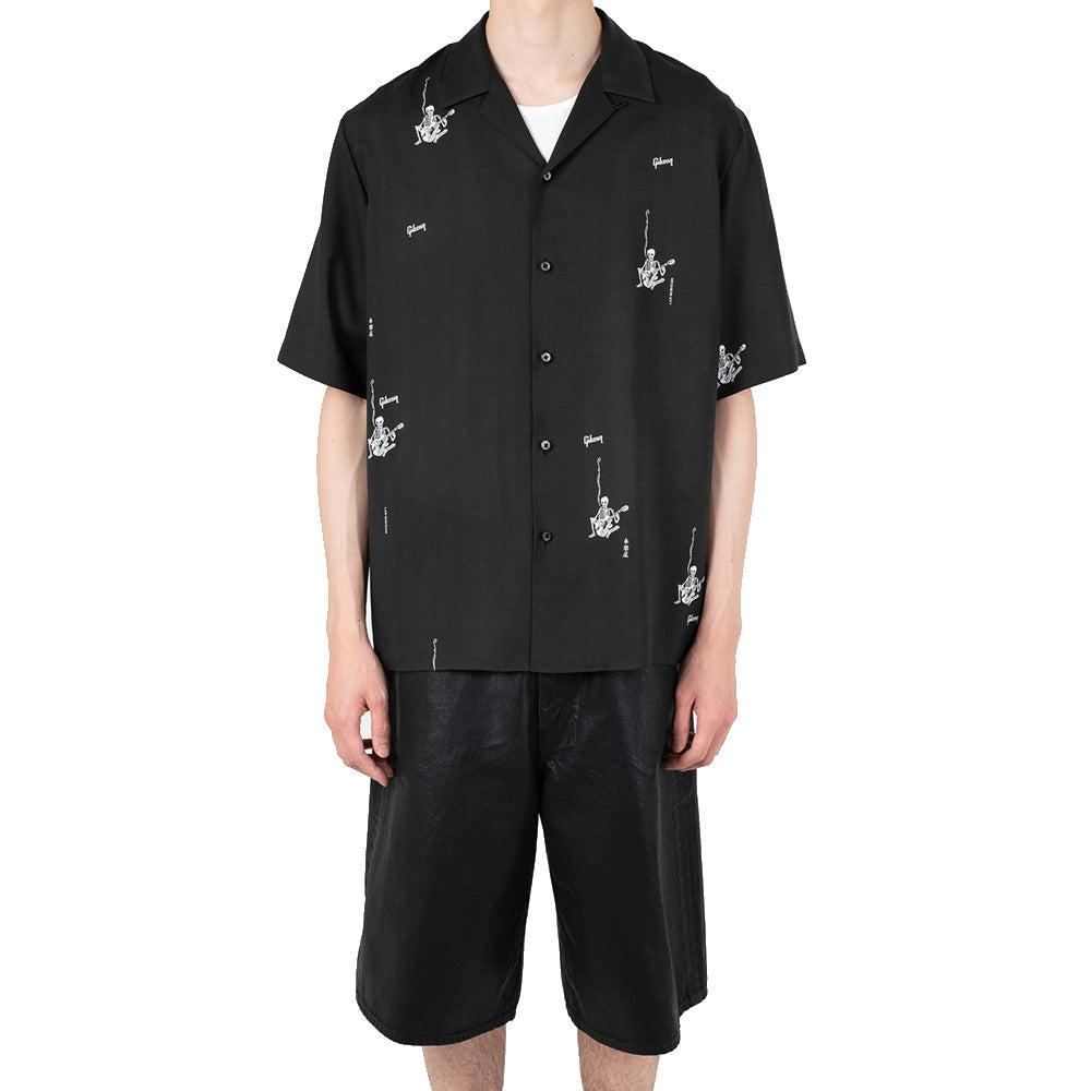 TENCEL TYPEWRITER OPEN COLLAR SHIRT SKULL GUITARIST柄 (永楽屋/Gibson/LAD MUSICIAN)