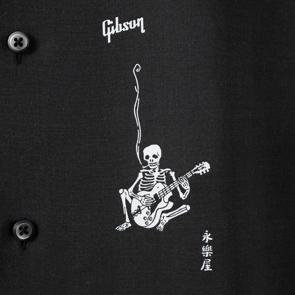 TENCEL TYPEWRITER OPEN COLLAR SHIRT SKULL GUITARIST柄 (永楽屋/Gibson/LAD MUSICIAN)