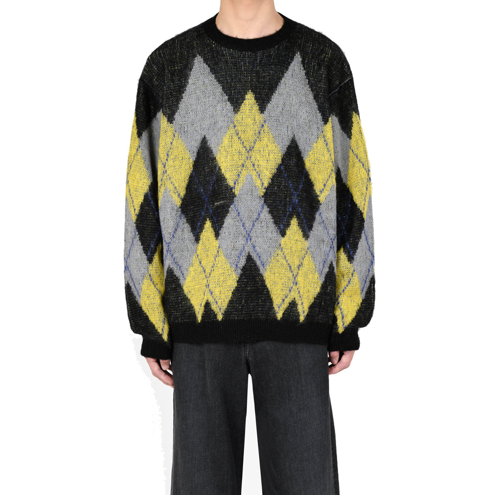 MOHAIR SHAGGY ARGYLE INTARSIE KNIT PULLOVER