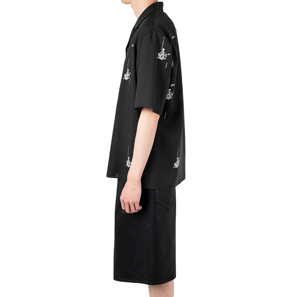 TENCEL TYPEWRITER OPEN COLLAR SHIRT SKULL GUITARIST柄 (永楽屋/Gibson/LAD MUSICIAN)