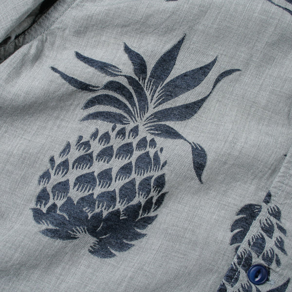 パイナップル柄半袖インディゴアロハオープンシャツ