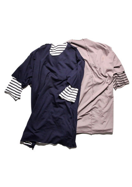  80/2度詰天竺ボーダー クルーネックレイヤードTシャツ  