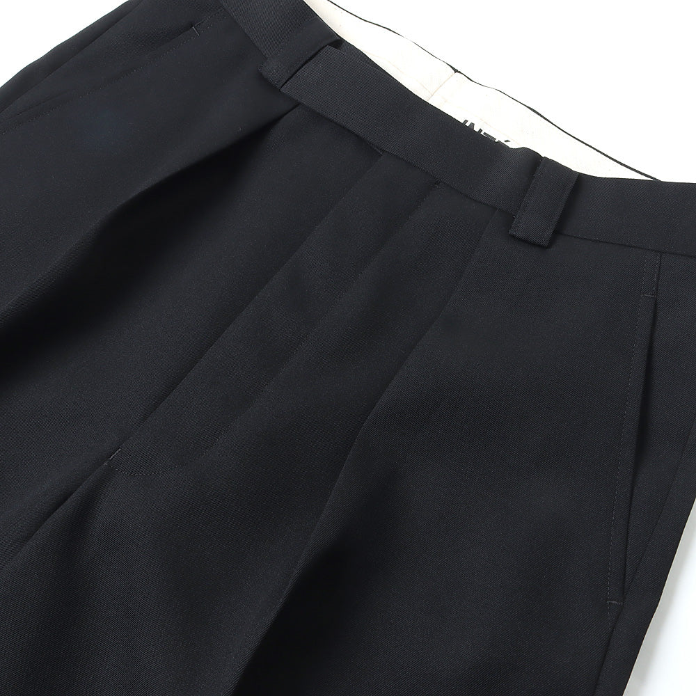 PURE BLACK WOOL GABERDINE 1-TUCK BAGGY SLACKS