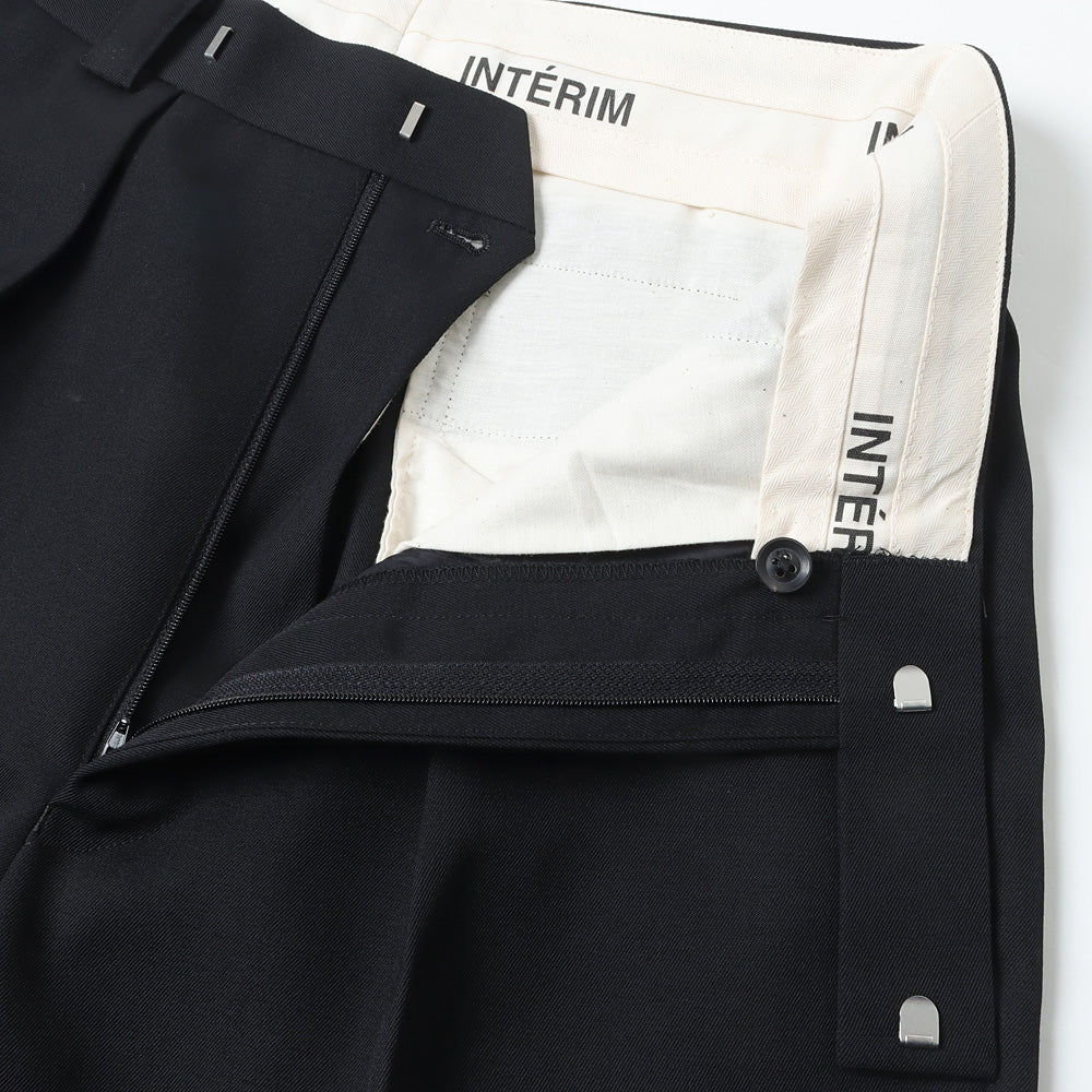 PURE BLACK WOOL GABERDINE 1-TUCK BAGGY SLACKS