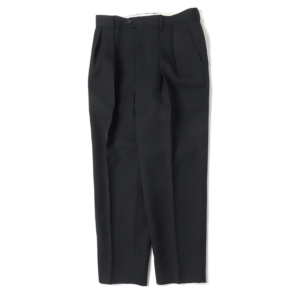 PURE BLACK WOOL GABERDINE 2-TUCK WIDE TAPERED SLACKS