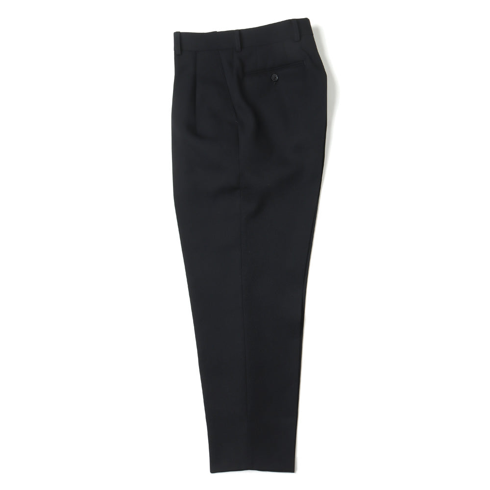 PURE BLACK WOOL GABERDINE 2-TUCK WIDE TAPERED SLACKS