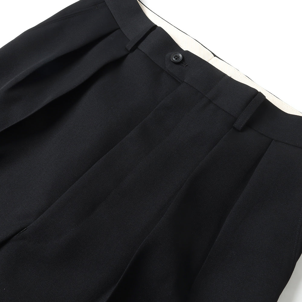 PURE BLACK WOOL GABERDINE 2-TUCK WIDE TAPERED SLACKS