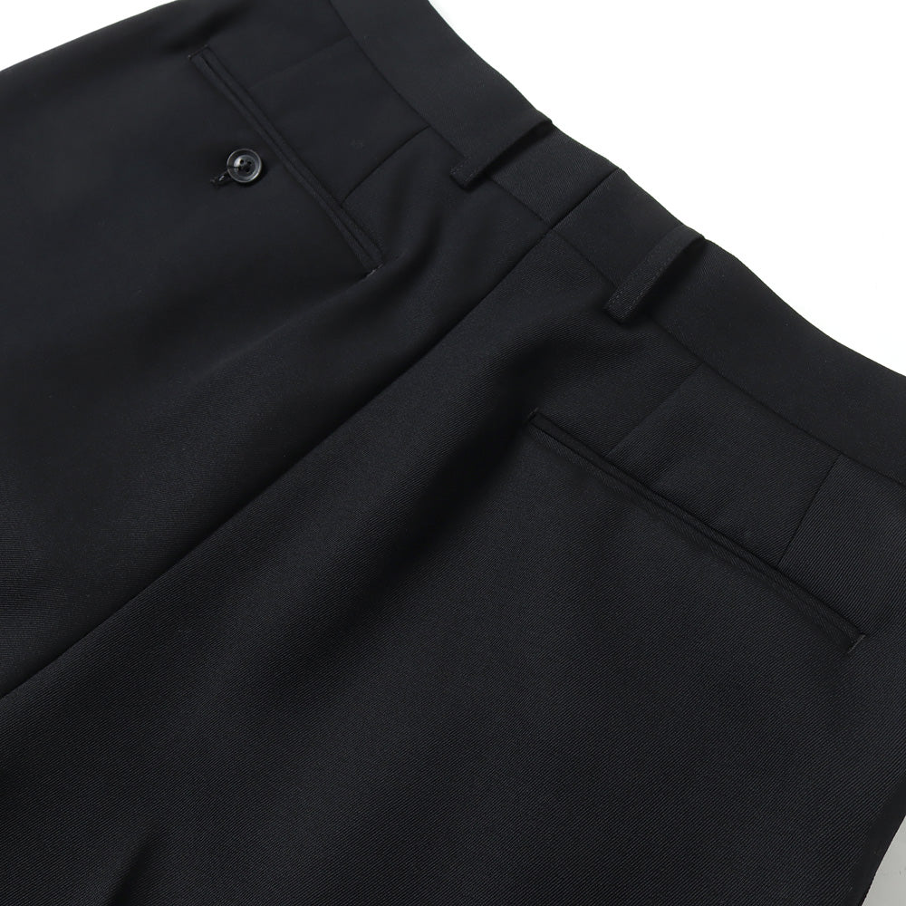 PURE BLACK WOOL GABERDINE 2-TUCK WIDE TAPERED SLACKS