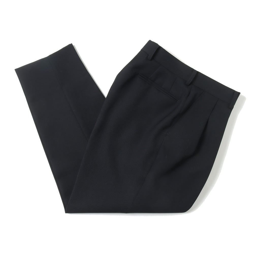 PURE BLACK WOOL GABERDINE 2-TUCK WIDE TAPERED SLACKS
