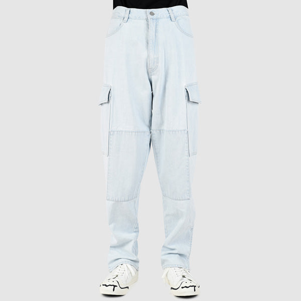 DENIM SHOE FLARE CARGO PANTS (INDIGO BLEACH)