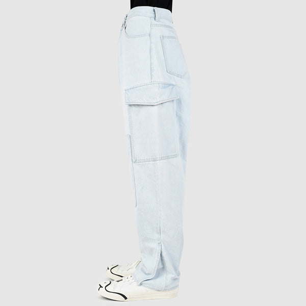 DENIM SHOE FLARE CARGO PANTS (INDIGO BLEACH)