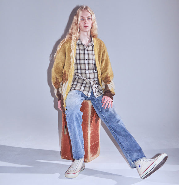 Kid Mohair Argyle Washed Knit Long Cardigan